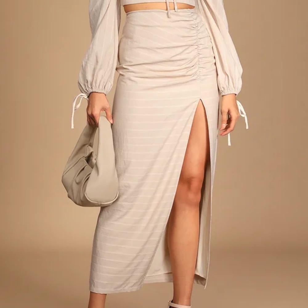 Lulus Beige Striped Ruched Midi Skirt